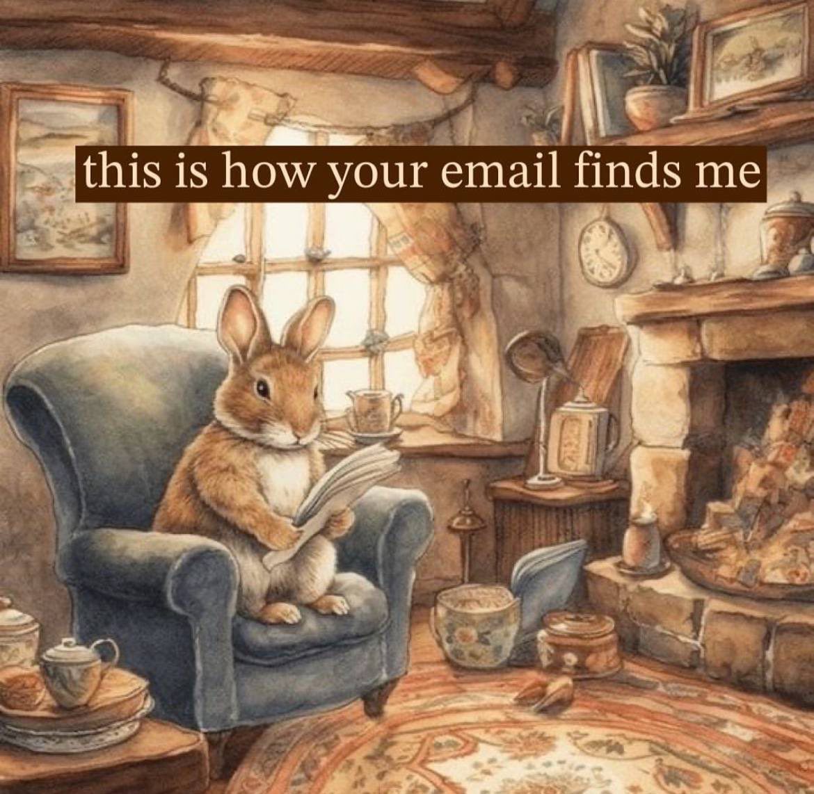 A rabbit in a pleasant burrow house in winter in an armchair by the fireplace reading a letter